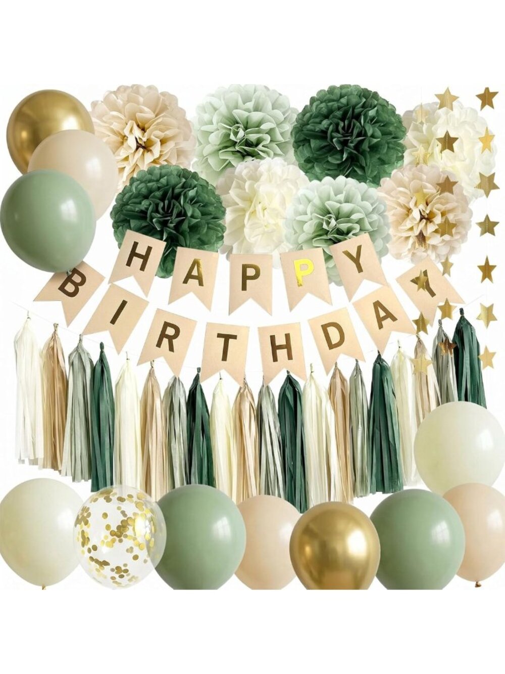 Sage Green Birthday Party Decor - Retro Boho Banner & Balloons, Rustic Safari